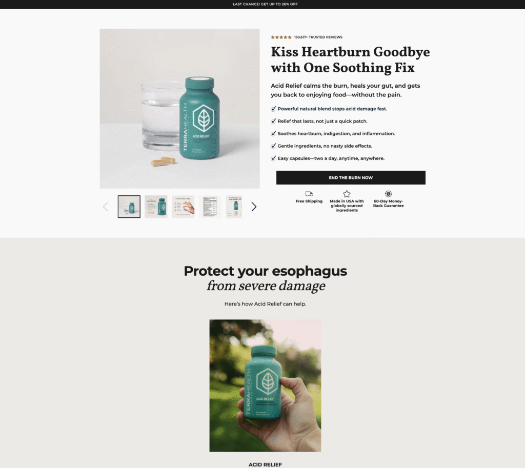 Graphic example of Social Proof style ecommerce landing page.